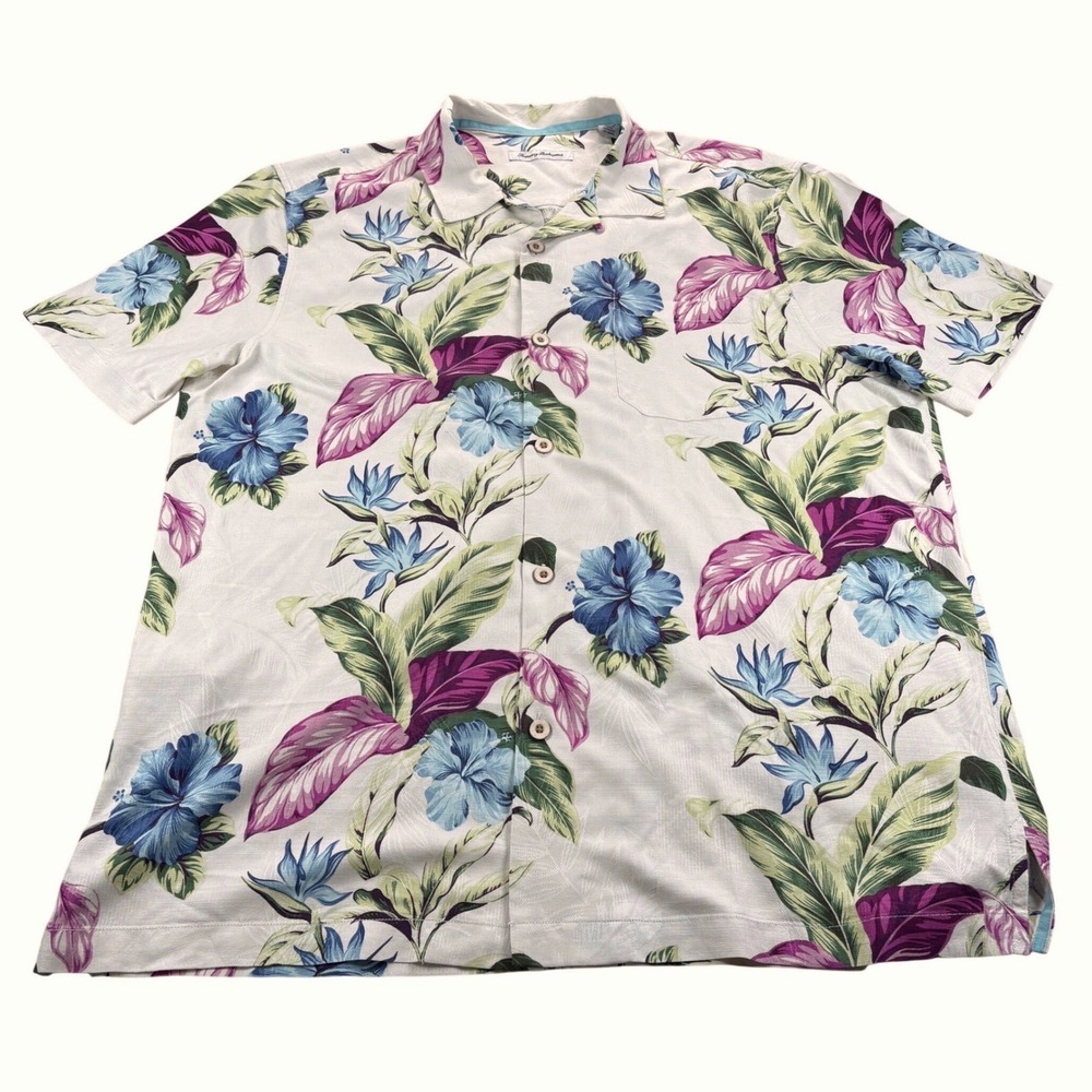 Tommy Bahama Silk Button Down Mens XL White Floral‎ Tropical Island Aloha Beach